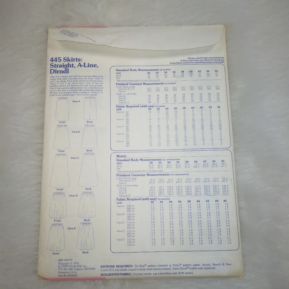 STRETCH & SEW 445 Misses Straight, A-Line, Drindl Skirts, Hip Size 30-46